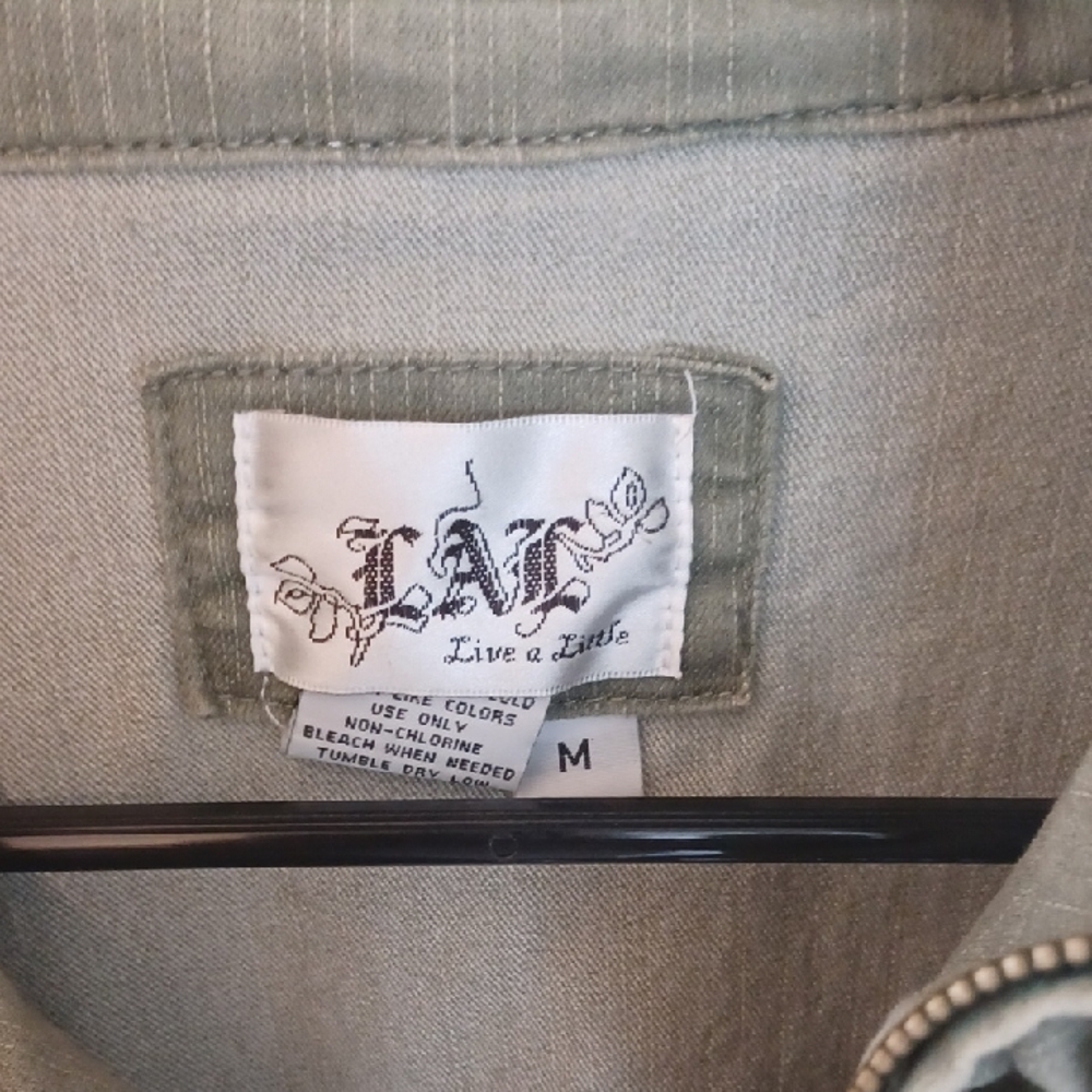 Live a Little Army Green Utility Jacket w/ High Collar, M - Picture 3 of 8